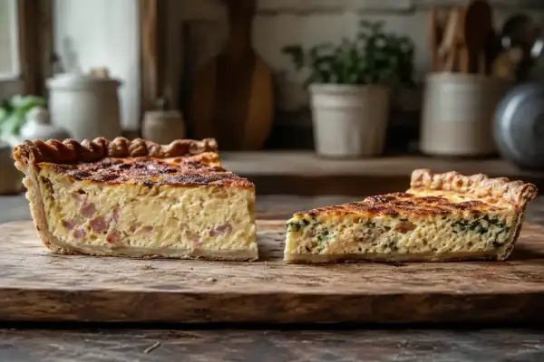 Deux parts de quiche lorraine, garnies de lardons et d'une touche d'épinards, reposent sur une planche en bois rustique.