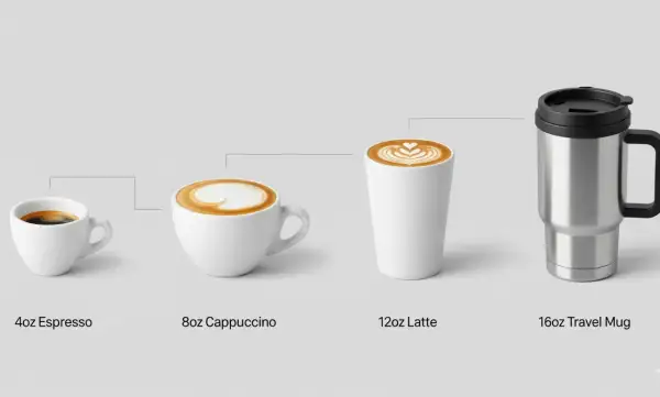 Comparaison de la taille tasse à café : espresso, cappuccino, latte et mug de voyage.