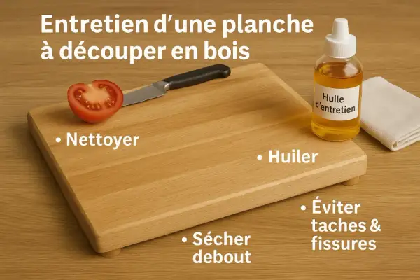 Planche à découper en bois avec une tomate et un couteau. Le texte indique comment nettoyer, huiler et sécher la planche pour éviter taches et fissures.