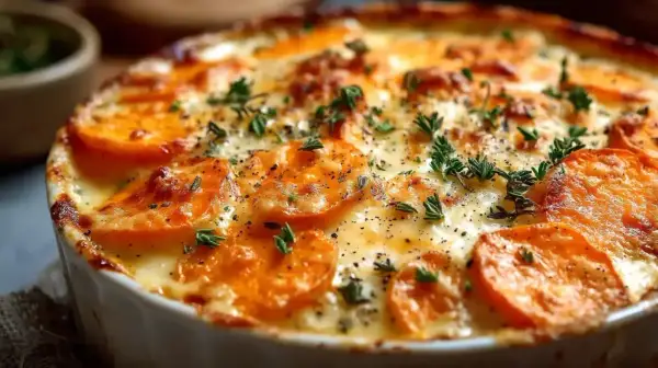 Un délicieux gratin de patates douces au four, doré et gratiné, garni de thym frais et de poivre noir.