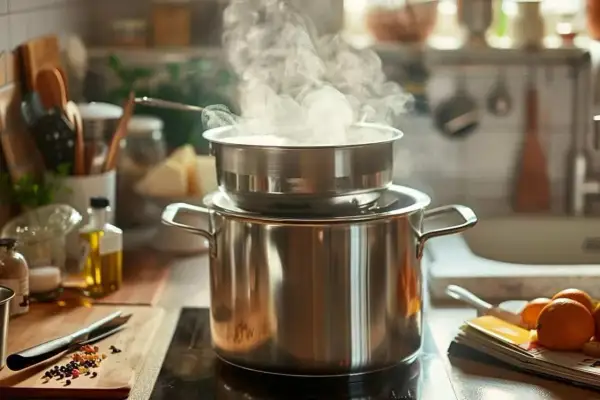 Deux casseroles en acier inoxydable sont empilées, la plus petite au-dessus de la plus grande, pour réchauffer au bain-marie. La vapeur s'échappe de la casserole supérieure.