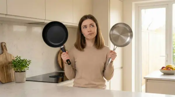 Une femme hésite entre une poêle en fonte et une poêle en inox. Quel ustensile représente un poêle en fonte danger ?