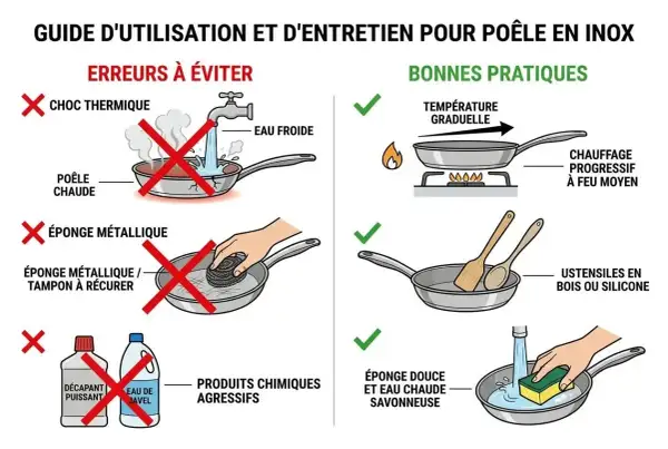 Guide d'utilisation poêle inox : éviter choc thermique, éponge métallique, produits agressifs. Danger ! Privilégier chauffe progressive, ustensiles bois/silicone, nettoyage doux.