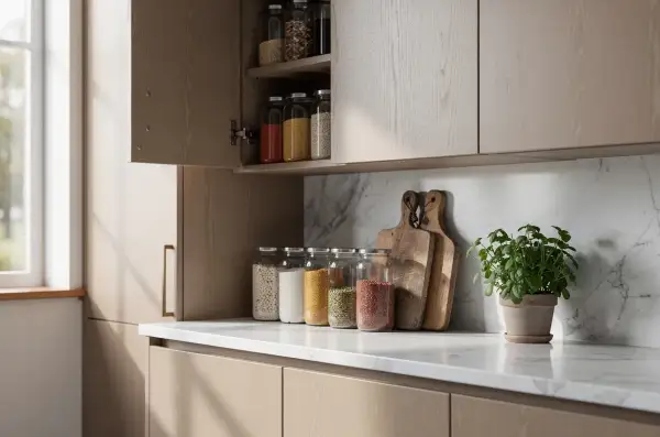 Des bocaux en verre remplis de grains et de légumineuses, parfaits pour organiser sa cuisine. Deux planches à découper en bois et une plante verte complètent la scène.