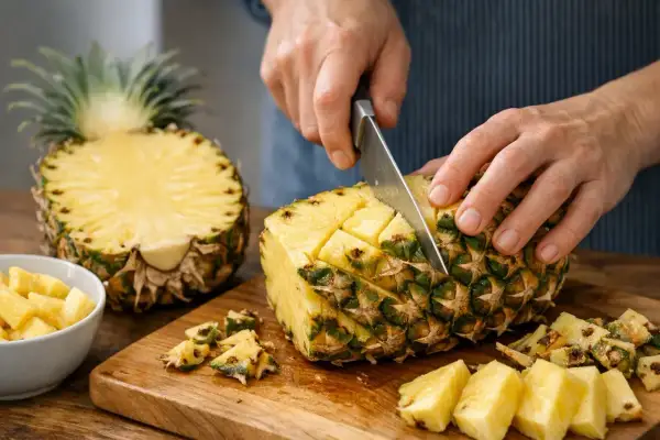 Des mains coupent un ananas en dés sur une planche en bois. Une moitié d'ananas et un bol de morceaux sont visibles. Apprenez comment couper un ananas facilement.