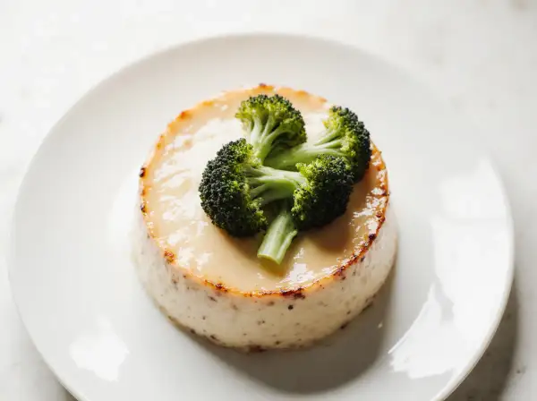 Un flan de brocolis, crémeux et doré, est garni de quelques fleurettes de brocolis frais.