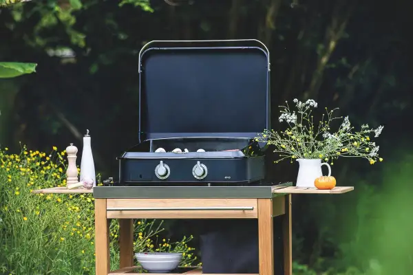 Plancha ou barbecue prêt pour un repas en plein air, avec des ingrédients sur le côté et un bouquet de fleurs sauvages.