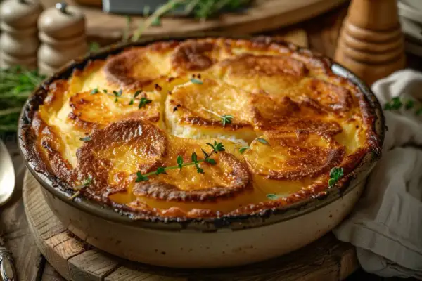 Gratin de topinambours à la poêle, doré et croustillant, garni de thym frais. Un délice réconfortant.